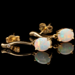 Yellow Gold Blue Green Yellow Orange Solid Australian Crystal Opal and Diamond Earrings