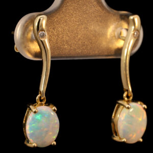 Yellow Gold Blue Green Yellow Orange Solid Australian Crystal Opal and Diamond Earrings