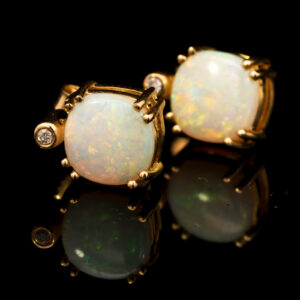 Yellow Gold Blue Green Yellow Orange Solid Australian Crystal Opal and Diamond Earrings