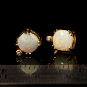 Yellow Gold Blue Green Yellow Orange Solid Australian Crystal Opal and Diamond Earrings