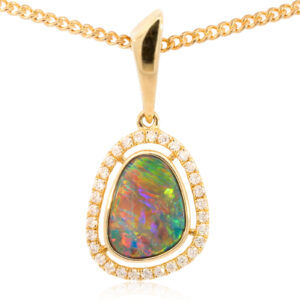 Yellow Gold Doublet Opal and Diamond Pendant