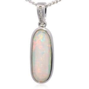 White Gold Blue Green Yellow Orange Pink Solid Australian Crystal Opal and Diamond Pendant Necklace