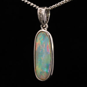 White Gold Blue Green Yellow Orange Pink Solid Australian Crystal Opal and Diamond Pendant Necklace