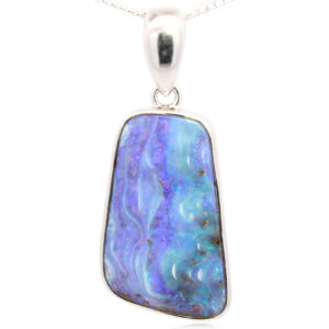 Sterling Silver Blue Green Purple Solid Australian Boulder Opal Pendant Necklace