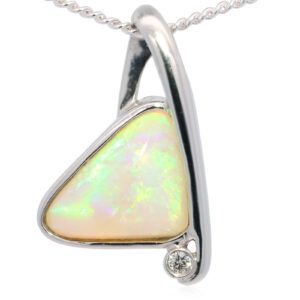 White Gold Blue Green Yellow Orange Solid Australian Crystal Opal and Diamond Pendant Necklace