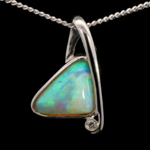 White Gold Blue Green Yellow Orange Solid Australian Crystal Opal and Diamond Pendant Necklace