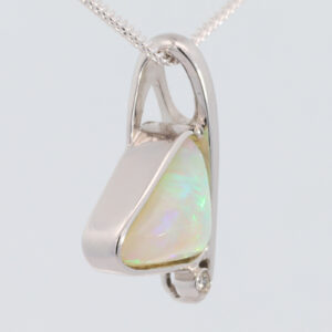 White Gold Blue Green Yellow Orange Solid Australian Crystal Opal and Diamond Pendant Necklace