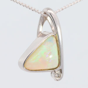 White Gold Blue Green Yellow Orange Solid Australian Crystal Opal and Diamond Pendant Necklace