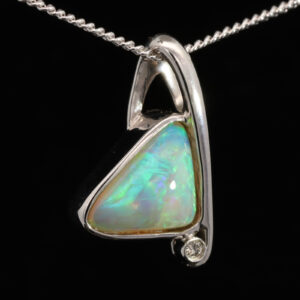 White Gold Blue Green Yellow Orange Solid Australian Crystal Opal and Diamond Pendant Necklace