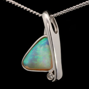 White Gold Blue Green Yellow Orange Solid Australian Crystal Opal and Diamond Pendant Necklace