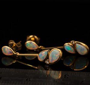 Yellow Gold Blue Green Yellow Orange Red Solid Australian Crystal Opal and Diamond Earrings