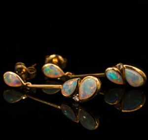 Yellow Gold Blue Green Yellow Orange Red Solid Australian Crystal Opal and Diamond Earrings