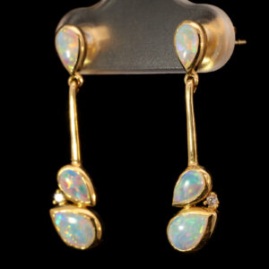 Yellow Gold Blue Green Yellow Orange Red Solid Australian Crystal Opal and Diamond Earrings