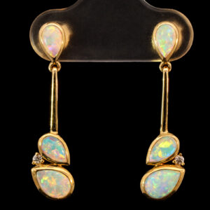 Yellow Gold Blue Green Yellow Orange Red Solid Australian Crystal Opal and Diamond Earrings