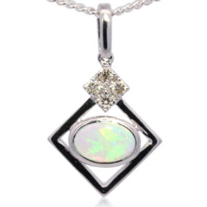 White Gold Blue Green Yellow Orange Solid Australian Crystal Opal and Diamond Pendant Necklace