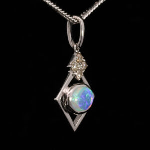 White Gold Blue Green Yellow Orange Solid Australian Crystal Opal and Diamond Pendant Necklace