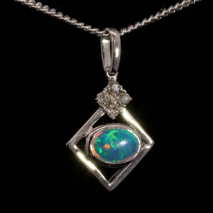 White Gold Blue Green Yellow Orange Solid Australian Crystal Opal and Diamond Pendant Necklace