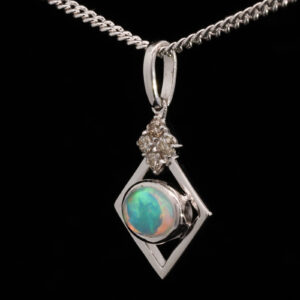 White Gold Blue Green Yellow Orange Solid Australian Crystal Opal and Diamond Pendant Necklace