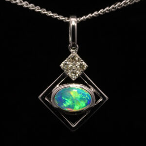 White Gold Blue Green Yellow Orange Solid Australian Crystal Opal and Diamond Pendant Necklace