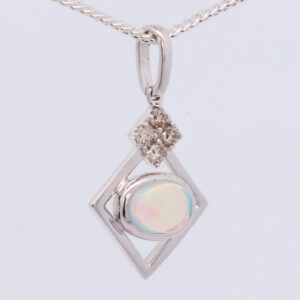 White Gold Blue Green Yellow Orange Solid Australian Crystal Opal and Diamond Pendant Necklace