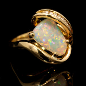 Yellow Gold Blue Green Yellow Orange Pink Solid Australian Crystal Opal and Diamond Engagement Ring