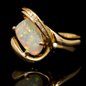 Yellow Gold Blue Green Yellow Orange Pink Solid Australian Crystal Opal and Diamond Engagement Ring