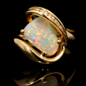 Yellow Gold Blue Green Yellow Orange Pink Solid Australian Crystal Opal and Diamond Engagement Ring