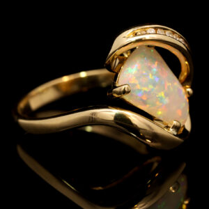 Yellow Gold Blue Green Yellow Orange Pink Solid Australian Crystal Opal and Diamond Engagement Ring