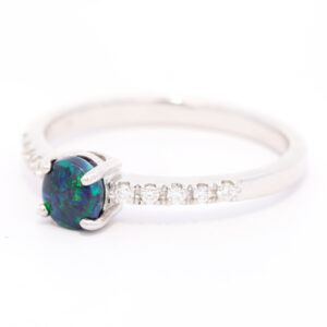 White Gold Blue Green Solid Australian Black Opal and Diamond Engagement Ring