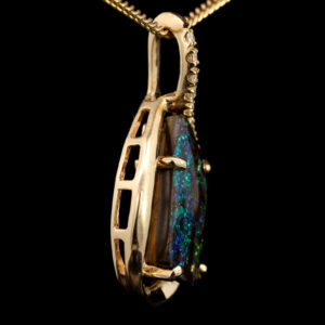Yellow Gold Blue Green Solid Australian Boulder Opal and Diamond Pendant Necklace