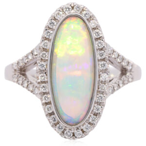 White Gold Blue Green Yellow Orange Purple Solid Australian Crystal Opal and Diamond Engagement Ring