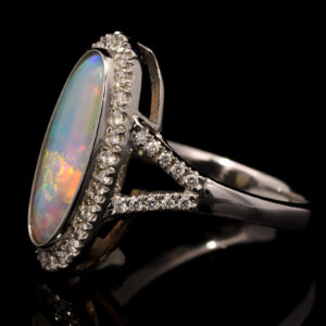 White Gold Blue Green Yellow Orange Purple Solid Australian Crystal Opal and Diamond Engagement Ring