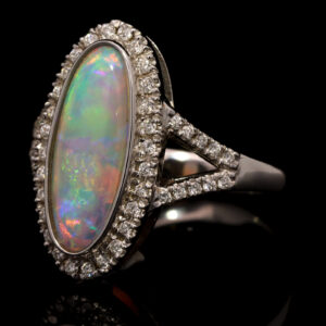 White Gold Blue Green Yellow Orange Purple Solid Australian Crystal Opal and Diamond Engagement Ring