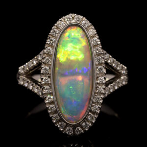 White Gold Blue Green Yellow Orange Purple Solid Australian Crystal Opal and Diamond Engagement Ring