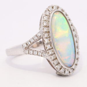 White Gold Blue Green Yellow Orange Purple Solid Australian Crystal Opal and Diamond Engagement Ring