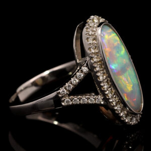 White Gold Blue Green Yellow Orange Purple Solid Australian Crystal Opal and Diamond Engagement Ring