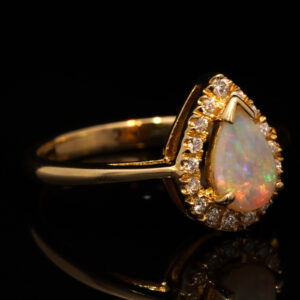 Yellow Gold Blue Green Yellow Orange Solid Australian Crystal Opal and Diamond Engagement Ring