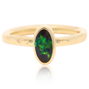 Yellow Gold Blue Green Solid Australian Black Opal Engagement Ring