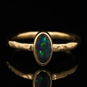 Yellow Gold Blue Green Solid Australian Black Opal Engagement Ring