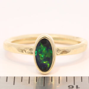 Yellow Gold Blue Green Solid Australian Black Opal Engagement Ring