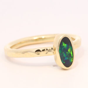 Yellow Gold Blue Green Solid Australian Black Opal Engagement Ring