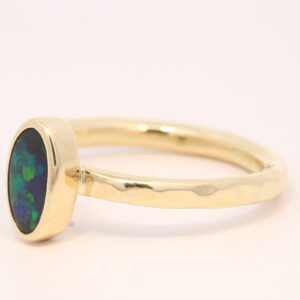 Yellow Gold Blue Green Solid Australian Black Opal Engagement Ring