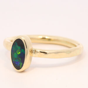 Yellow Gold Blue Green Solid Australian Black Opal Engagement Ring