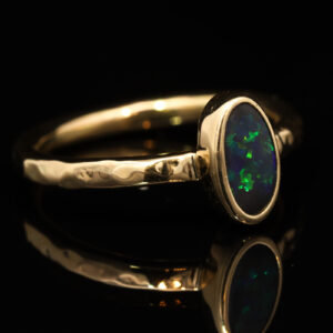 Yellow Gold Blue Green Solid Australian Black Opal Engagement Ring