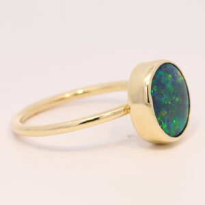 Yellow Gold Blue Green Yellow Solid Australian Black Opal Engagement Ring