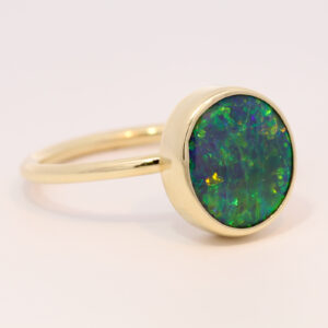 Yellow Gold Blue Green Yellow Solid Australian Black Opal Engagement Ring