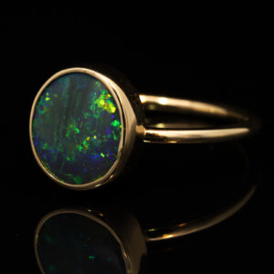 Yellow Gold Blue Green Yellow Solid Australian Black Opal Engagement Ring