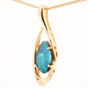 Yellow Gold Blue Green Solid Australian Boulder Opal and Diamond Pendant Necklace