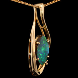 Yellow Gold Blue Green Solid Australian Boulder Opal and Diamond Pendant Necklace