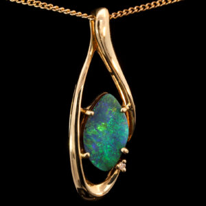 Yellow Gold Blue Green Solid Australian Boulder Opal and Diamond Pendant Necklace